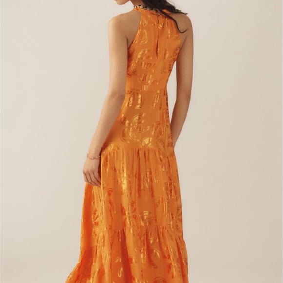 Farm Rio x Anthropologie Orange/Gold V-Neck Tiered Maxi Dress, Size S - Picture 2 of 14